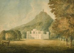 British School (c.1850) A neogothic stately home in a park beside a mount, watercolour, 8.25