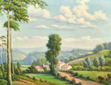 20th Century French School, a scene of buildings in a hilly summer landscape, oil on canvas,