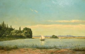 Late 19th Century, sailboats on a lake with mountains beyond, oil on canvas, 30
