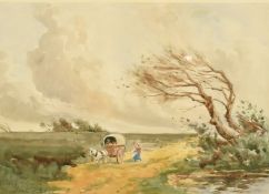Joshua Fisher, 'Hampstead Heath', Horse and cart on a track with a figure on a windy day,