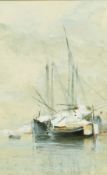 English School, early 20th Century, Fishing boats at anchor near a beach, watercolour and gouache,