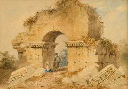 Circle of William Muller, Figures conversing under a ruined archway, watercolour, 6.75