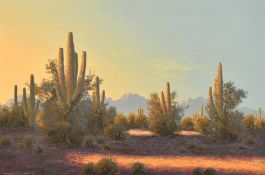 Russell E. White, An American western desert with Cactus at sunset and mountains beyond, oil on