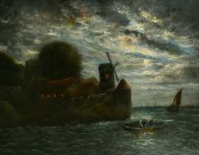 19th Century School, fishermen pulling nets by moonlight, oil on canvas, 34