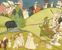 Indian School, A Maharaj and his attendants on a hunting trip, gouache on paper, 5.75