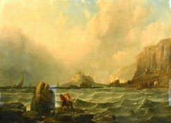 Alfred Clint (1807-1883) British, figures on a rocky outcrop with St. Michael's Mount beyond, oil on