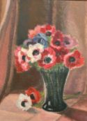 Mid-20th Century French School, a still life of flowers in a green vase, oil on board, 15