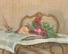 20th Century Continental School, a study of roses on a table, oil on panel, 10