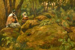 19th Century English School, Female figures in a woodland clearing, oil on board, 10.5