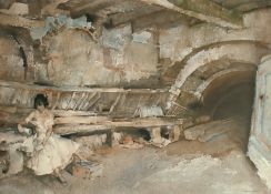 William Russell Flint, a female figure in a stone cellar, colour print, signed in pencil, 17