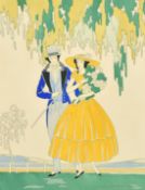 Lucien Baubaut (20th Century) French, a pair of pochoirs of a male and female figure in an outdoor