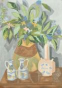 A. Gouault, a still life of flowers and mixed objects, oil on canvas, signed, labels verso, 28.75