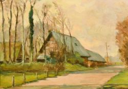 20th Century French School, buildings by a road, oil on board, 9.25
