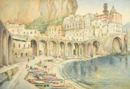 R. T. Horley, circa 1961, 'Atrani', figures and boats in a Continental town, watercolour, signed and