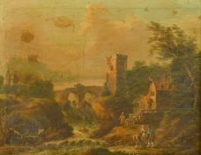 19th Century French School, figures conversing by a mountain river, oil on canvas, 8.75