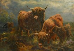 Late 19th Century School, Highland cattle watering in a misty landscape, oil on canvas, indistinctly