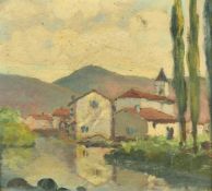 20th Century French School, buildings by a river with hills beyond, oil on board, 7.5