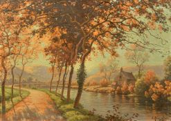 Eugene Rene-His, a autumnal river landscape, oil on canvas, signed, 13