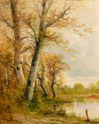 20th Century French School, boats moored on a tree lined lake, oil on canvas, indistinctly signed,
