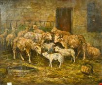 Barbizon School, a scene of sheep in a barn, oil on canvas, signed with initials, 18