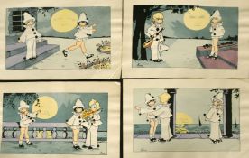 A set of four early 20th Century French pochoirs of children as Pierrot and Columbine, 6
