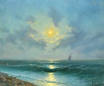 Manner of Aivazovsky, Russian, A ship in a moonlit sea, oil on canvas, signed and dated, 16