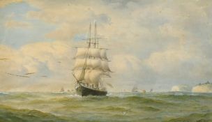 Charles Napier Hemy (1841-1917) A tall ship with wind in her sails off the coast with other