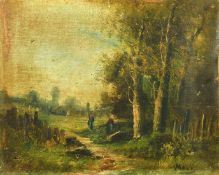 19th Century French School, an unframed oil of figures in a woodland glade, 13