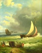 20th Century School, figures pulling a boat up a beach, oil on panel, 9.75