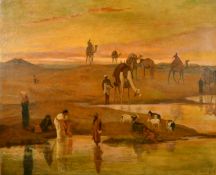 Attributed to Frederick Goodall (1822-1904), figures and camels at the water's edge at sunset, oil
