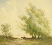 William Tatton Winter (1855-1928), 'Under the Trees', Figures in a boat by a river, watercolour,