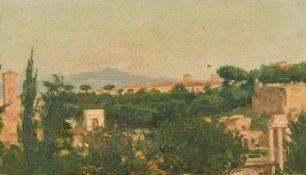 20th Century French School, a view over rooftops to hills, oil on board, 6.5
