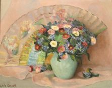 Sylvia Gardette, 20th Century French, a still life of flowers and a fan, oil on canvas, signed,