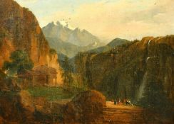 19th Century French School, Wayfarers with livestock on a mountain path, oil on canvas 14