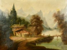 19th Century French School, A pair of oils on canvas scenes of figures by a river with mountains
