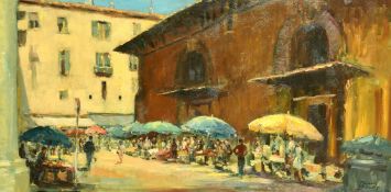 Phyllis May Morgans (1911-2001), 'The Market, Menton, France', oil on board, signed and with label