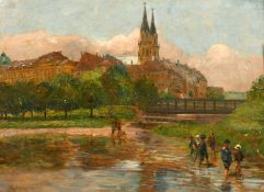 Lionel B. Smythe (19th Century) Children paddling at the water's edge with a town in the background,