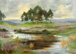 C. M. Dundas (20th Century), A Scottish landscape with a group of trees on a mound with heather