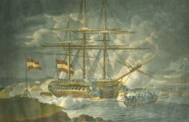 After Robert Dodd, A navel engagement off Porto Cavallo, hand coloured aquatint, 18.75