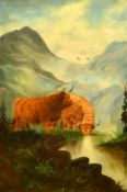 Reynolds (19th Century) a pair of Highland Cattle scenes, oils on canvas, signed, both 24