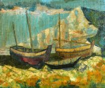 Mid-20th Century French School, fishing boats moored on a beach, oil on canvas, indistinctly signed,