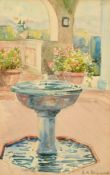 E. de Rougemont, French, a view of a fountain in a courtyard, watercolour, signed, 9