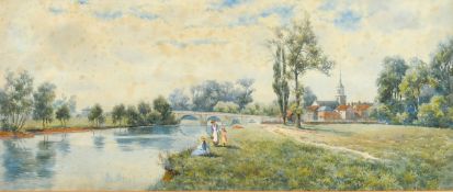 Claude Rowbotham 'Wallingford, Oxfordshire', a view with figures by a river with a bridge, houses