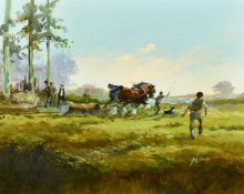 John Haskins (20/21st Century) A landscape with figures and heavy horses pulling logs, oil on board,