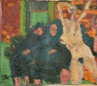 Manner of George Grosz, A nude woman with two seated hooded figures, oil on canvas applied to