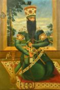 A portrait of Fath Ali Sha, the King of Persia kneeling upon a carpet holding a huqqa pipe in one