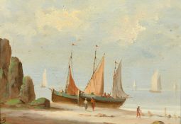 Early 20th Century School, figures on a beach, oil on panel, signed with initials, 6.25