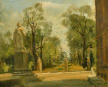 R.Perniaux, circa 1943, French School, a view outside a country house, oil on panel, signed, 10.5