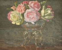 Ralph Fisher, Circa 1909, A still life of roses, oil on board, inscribed verso, 9.5