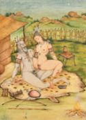An Indian erotic miniature painting of a couple, the borders with painted gilt floral decoration,